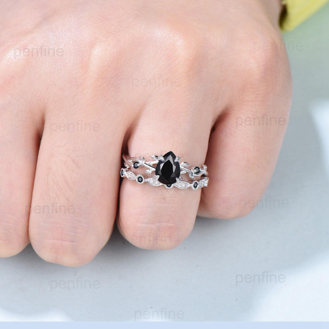 Vintage Black Onyx Ring Set Pear Shaped Twig Vine Engagement Ring Nature Inspired Wedding Set Art Deco Anniversary Promise Jewelry Gifts - PENFINE