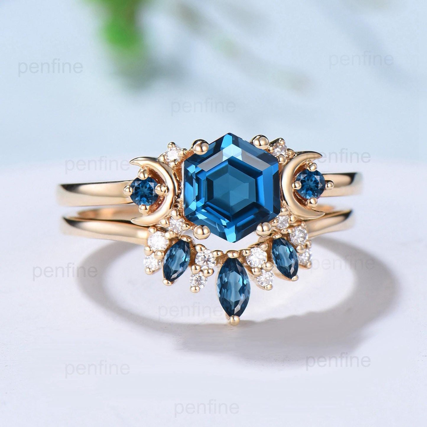 Unique London blue topaz engagement ring set hexagon cut 14k yellow gold moon wedding ring Elegant November birthstone bridal ring set women - PENFINE