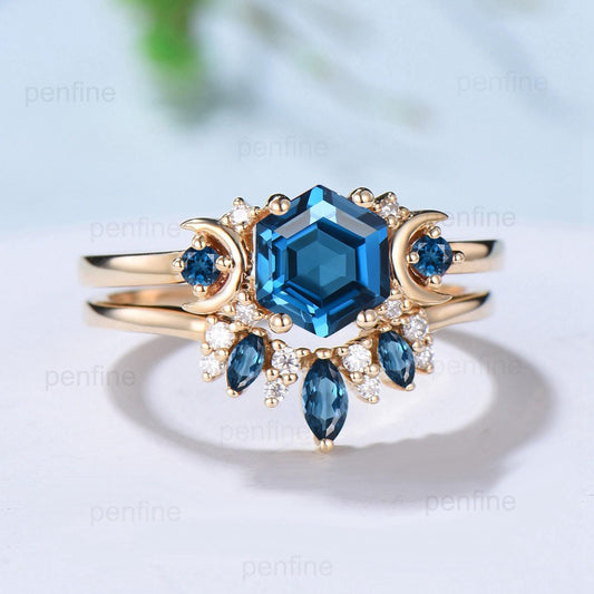Unique London blue topaz engagement ring set hexagon cut 14k yellow gold moon wedding ring Elegant November birthstone bridal ring set women - PENFINE
