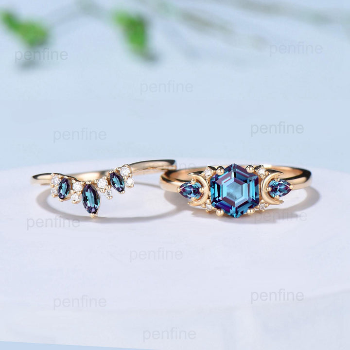 Unique hexagon cut alexandrite engagement ring set 14k yellow gold moon pear color change stone wedding ring Elegant Alexandrite bridal set - PENFINE