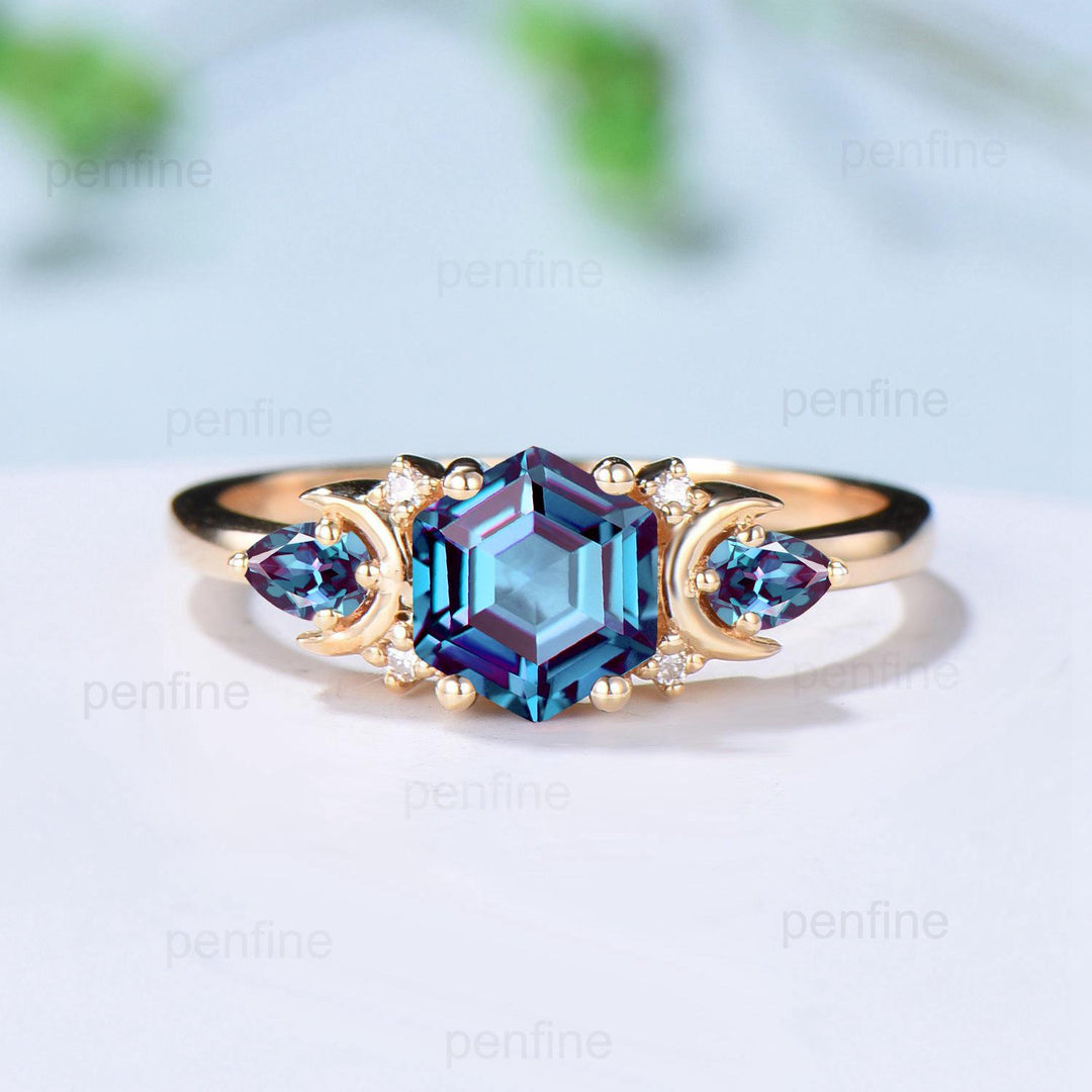 Unique hexagon cut alexandrite engagement ring set 14k yellow gold moon pear color change stone wedding ring Elegant Alexandrite bridal set - PENFINE