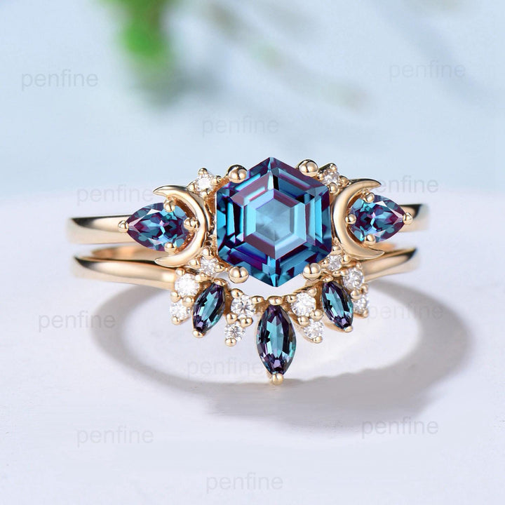Unique hexagon cut alexandrite engagement ring set 14k yellow gold moon pear color change stone wedding ring Elegant Alexandrite bridal set - PENFINE