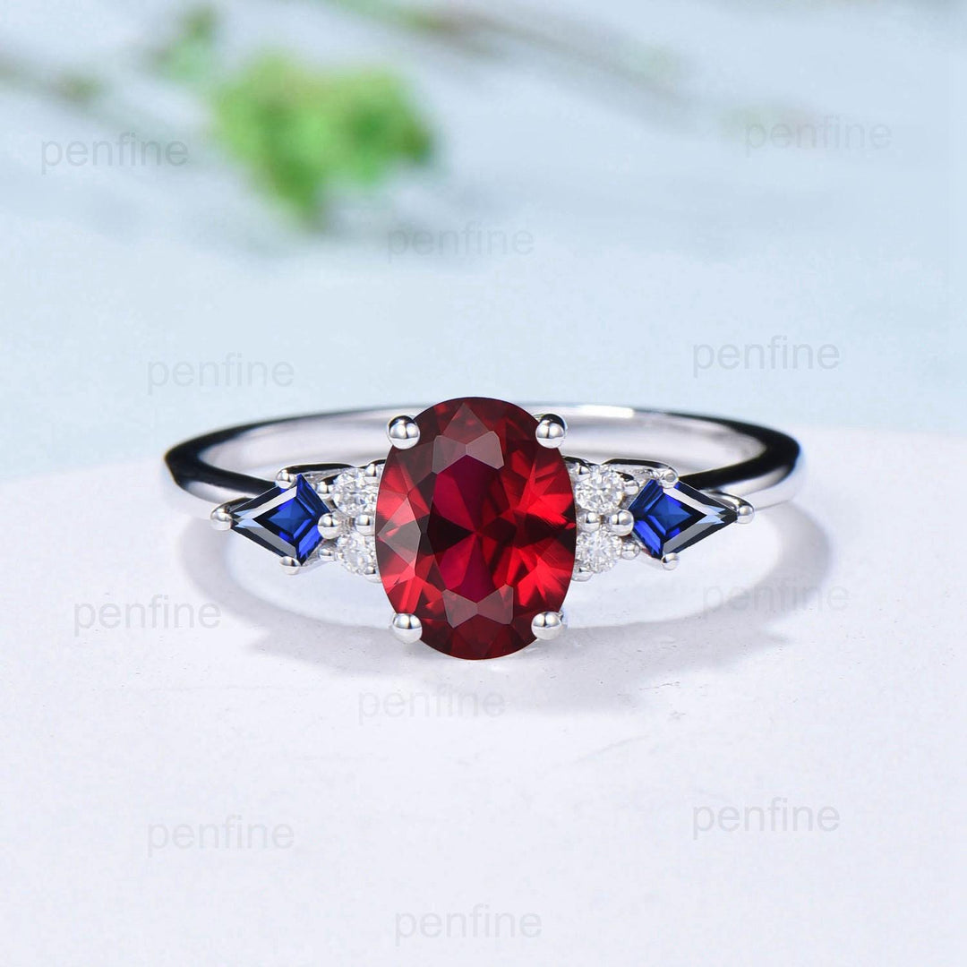Vintage oval ruby engagement ring set Seven stone kite sapphire red ruby wedding ring set unique July birthstone anniversary promise ring - PENFINE