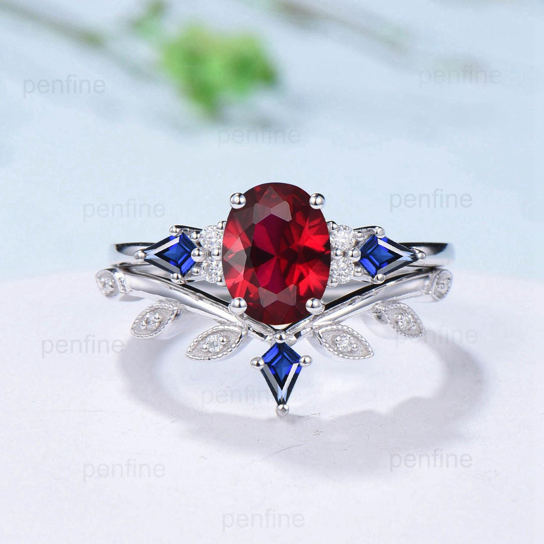 Vintage oval ruby engagement ring set Seven stone kite sapphire red ruby wedding ring set unique July birthstone anniversary promise ring - PENFINE