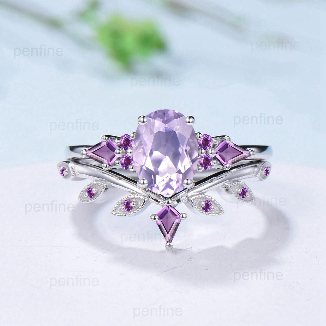 Handmade 14K Gold Lavender Amethyst Ring Set, Vintage Engagement Promise Ring - PENFINE
