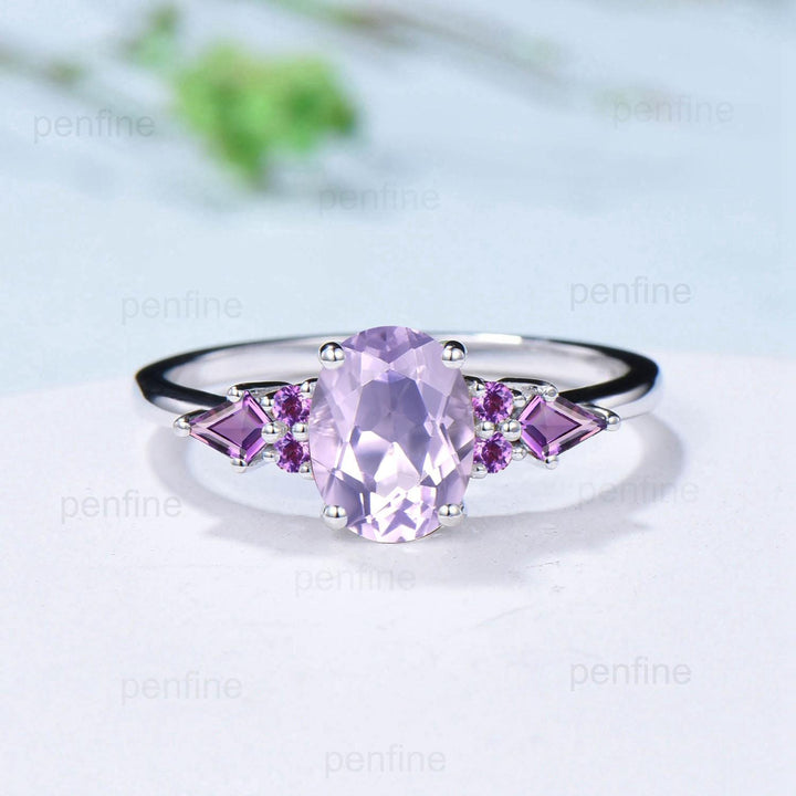 Handmade 14K Gold Lavender Amethyst Ring Set, Vintage Engagement Promise Ring - PENFINE