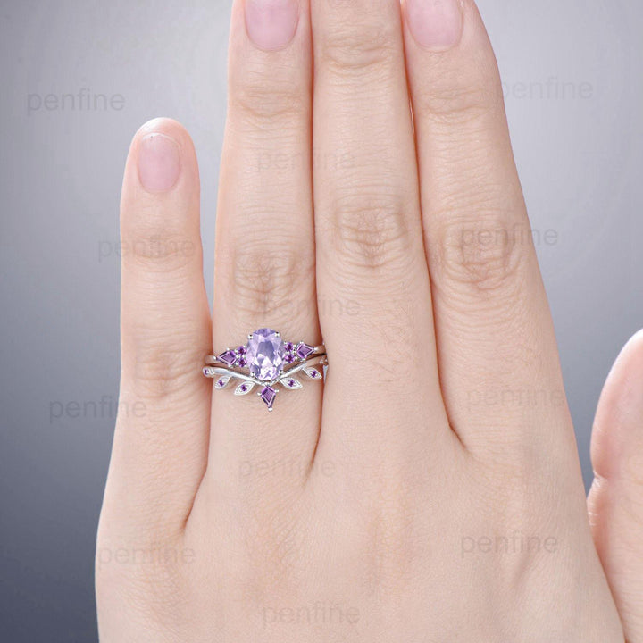 Handmade 14K Gold Lavender Amethyst Ring Set, Vintage Engagement Promise Ring - PENFINE