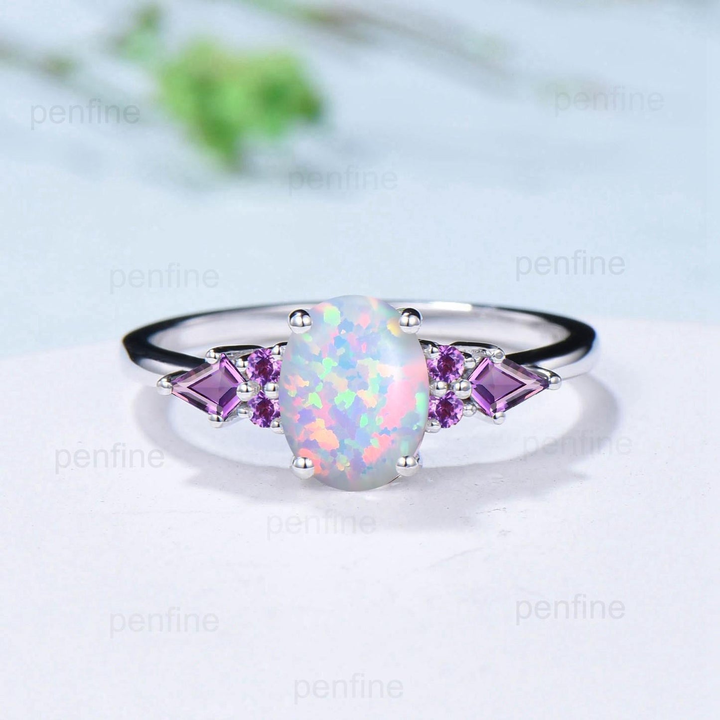 Vintage White Opal Ring Set for Women 1.5CT Oval October Birthstone Promise Engagement Unique Purple Amethyst Birthday Gifts for Daughter - PENFINE