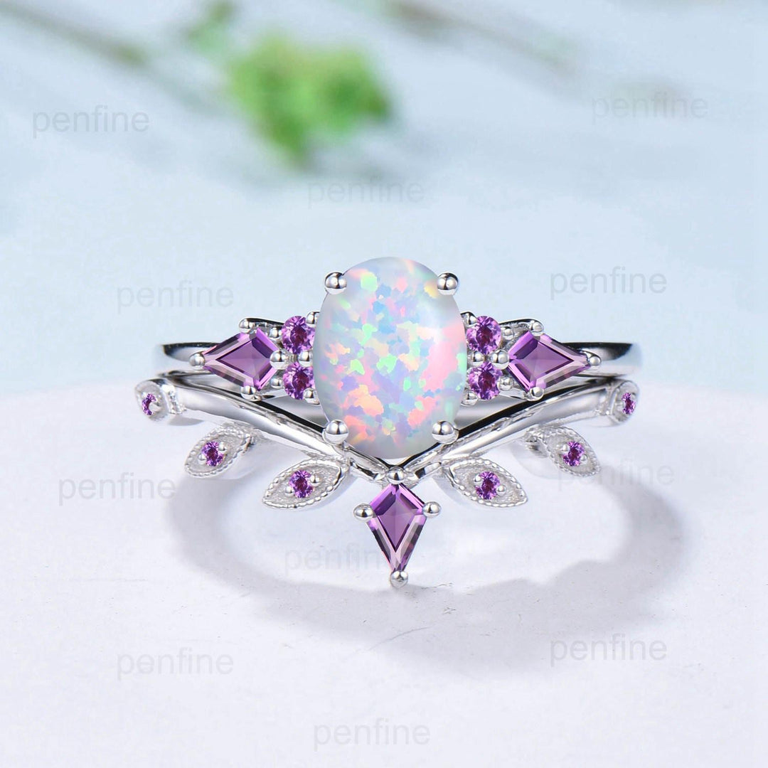 Vintage White Opal Ring Set for Women 1.5CT Oval October Birthstone Promise Engagement Unique Purple Amethyst Birthday Gifts for Daughter - PENFINE