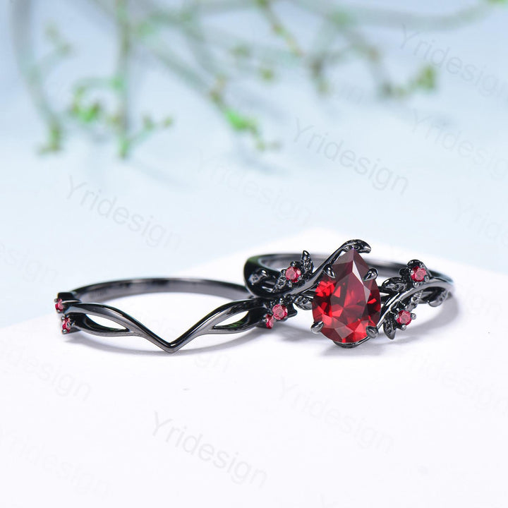 Nature inspired pear shaped ruby ring set black gold branch lab ruby engagement ring unique July birthstone twig vine wedding ring set women - PENFINE
