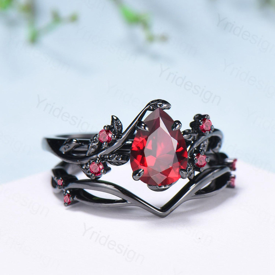Nature inspired pear shaped ruby ring set black gold branch lab ruby engagement ring unique July birthstone twig vine wedding ring set women - PENFINE