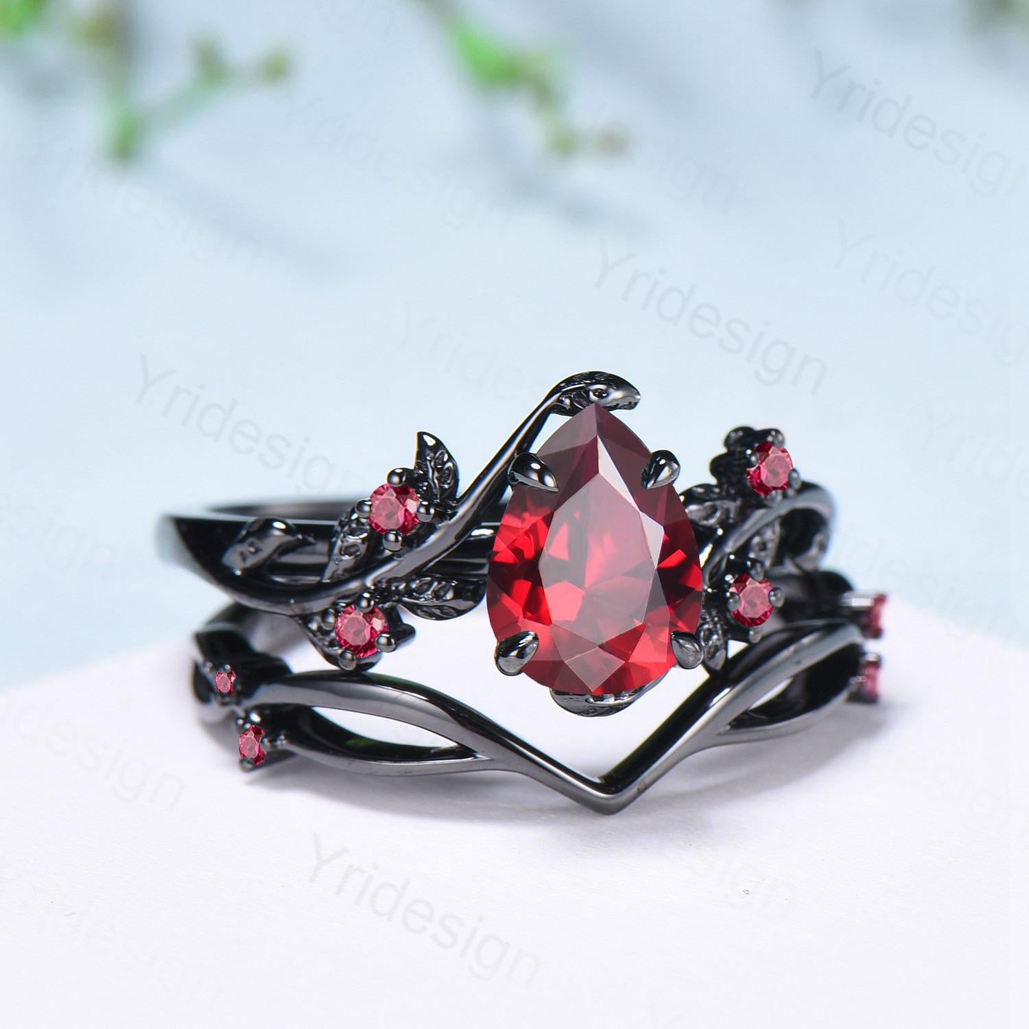 Nature inspired pear shaped ruby ring set black gold branch lab ruby engagement ring unique July birthstone twig vine wedding ring set women - PENFINE