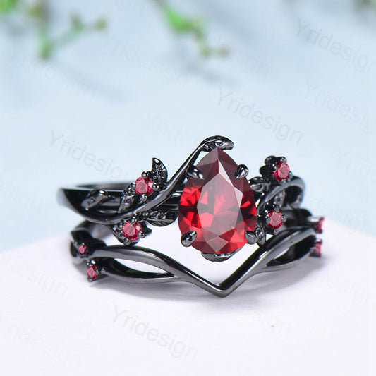Nature inspired pear shaped ruby ring set black gold branch lab ruby engagement ring unique July birthstone twig vine wedding ring set women - PENFINE