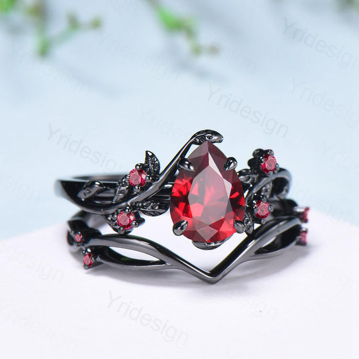 Nature inspired pear shaped ruby ring set black gold branch lab ruby engagement ring unique July birthstone twig vine wedding ring set women - PENFINE