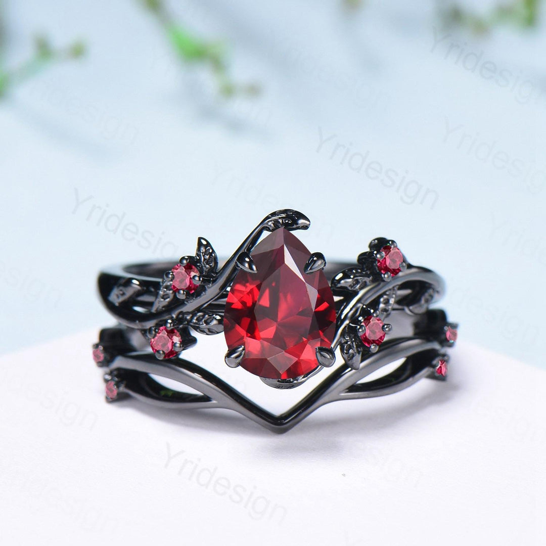 Nature inspired pear shaped ruby ring set black gold branch lab ruby engagement ring unique July birthstone twig vine wedding ring set women - PENFINE