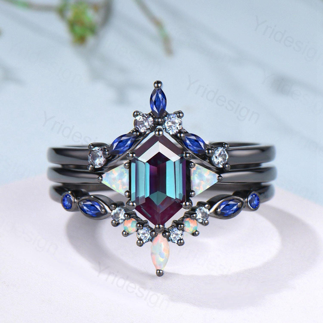 Three Stone Black Gold Alexandrite Wedding Ring Set Unique Long Hexagon Alexandrite Trillion Opal Gothic Engagement Ring Sapphire Opal Band - PENFINE