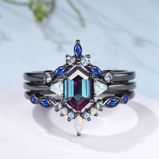 Three Stone Black Gold Alexandrite Wedding Ring Set Unique Long Hexagon Alexandrite Trillion Opal Gothic Engagement Ring Sapphire Opal Band - PENFINE