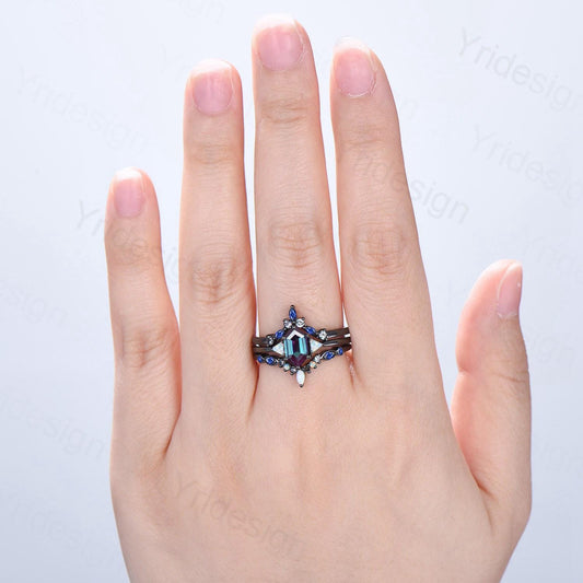 Three Stone Black Gold Alexandrite Wedding Ring Set Unique Long Hexagon Alexandrite Trillion Opal Gothic Engagement Ring Sapphire Opal Band - PENFINE