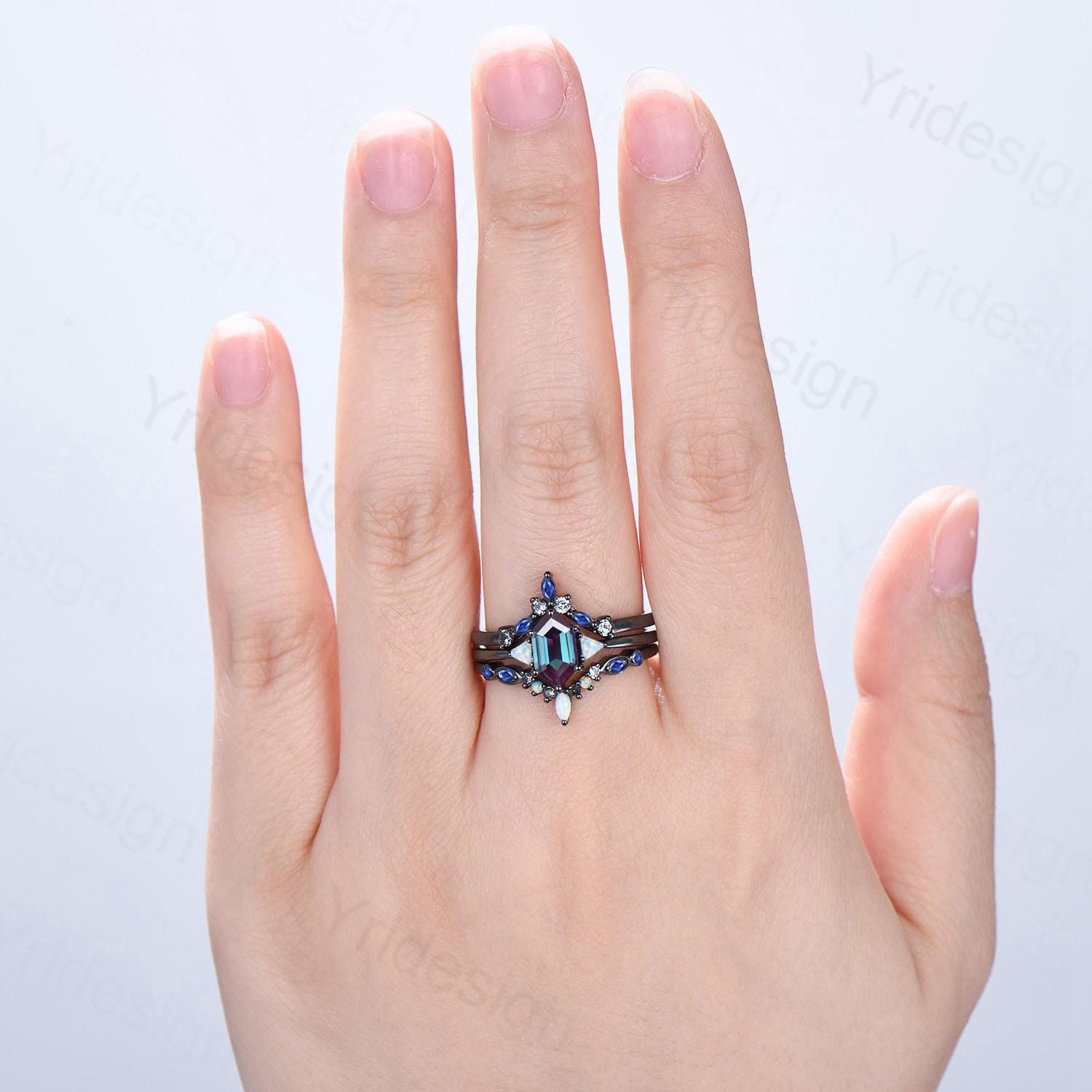 Three Stone Black Gold Alexandrite Wedding Ring Set Unique Long Hexagon Alexandrite Trillion Opal Gothic Engagement Ring Sapphire Opal Band - PENFINE