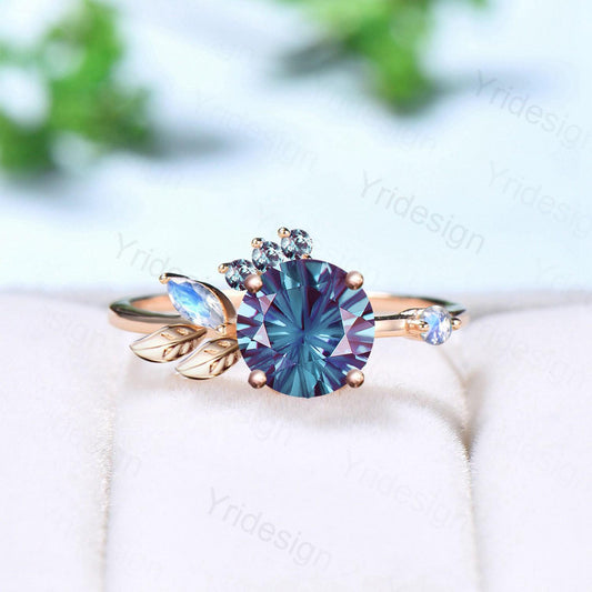 Unique fireworks cut alexandrite engagement ring branch leaves vine marquise moonstone wedding ring cluster June birthstone anniversary gift - PENFINE