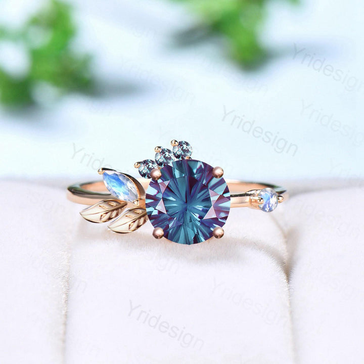 Unique fireworks cut alexandrite engagement ring branch leaves vine marquise moonstone wedding ring cluster June birthstone anniversary gift - PENFINE