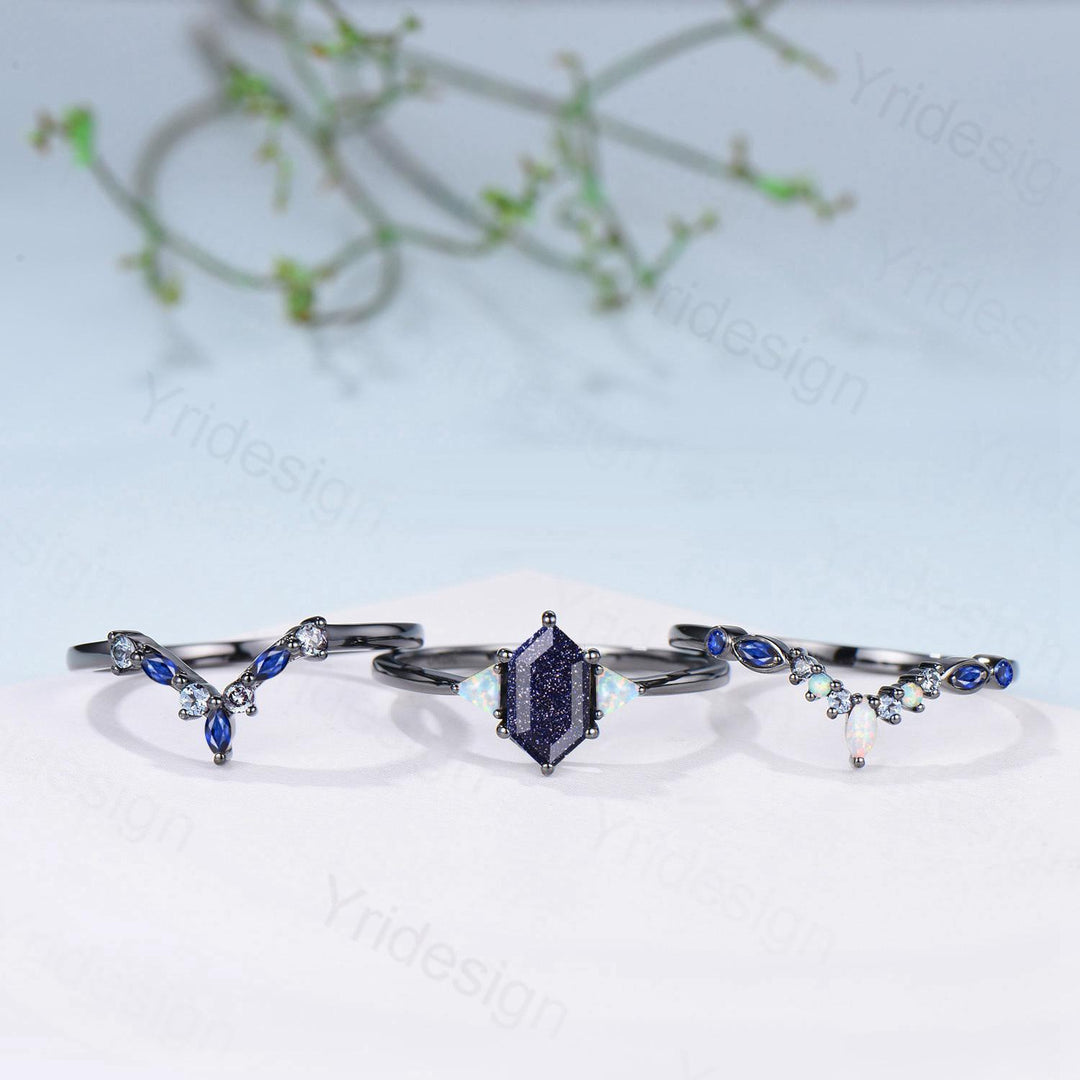 Black Gold Blue Sandstone Engagement Ring Set Unique Long Hexagon Galaxy Goldstone Three Stone Trillion Opal Gothic Sapphire Opal Bridal Set - PENFINE