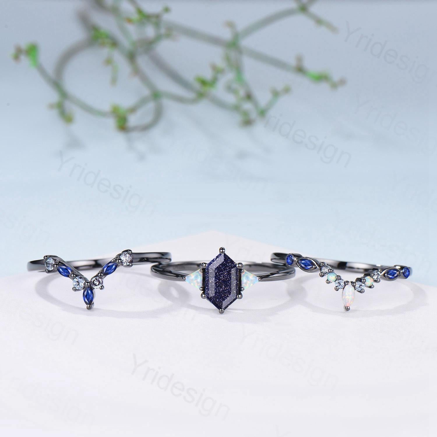 Black Gold Blue Sandstone Engagement Ring Set Unique Long Hexagon Galaxy Goldstone Three Stone Trillion Opal Gothic Sapphire Opal Bridal Set - PENFINE