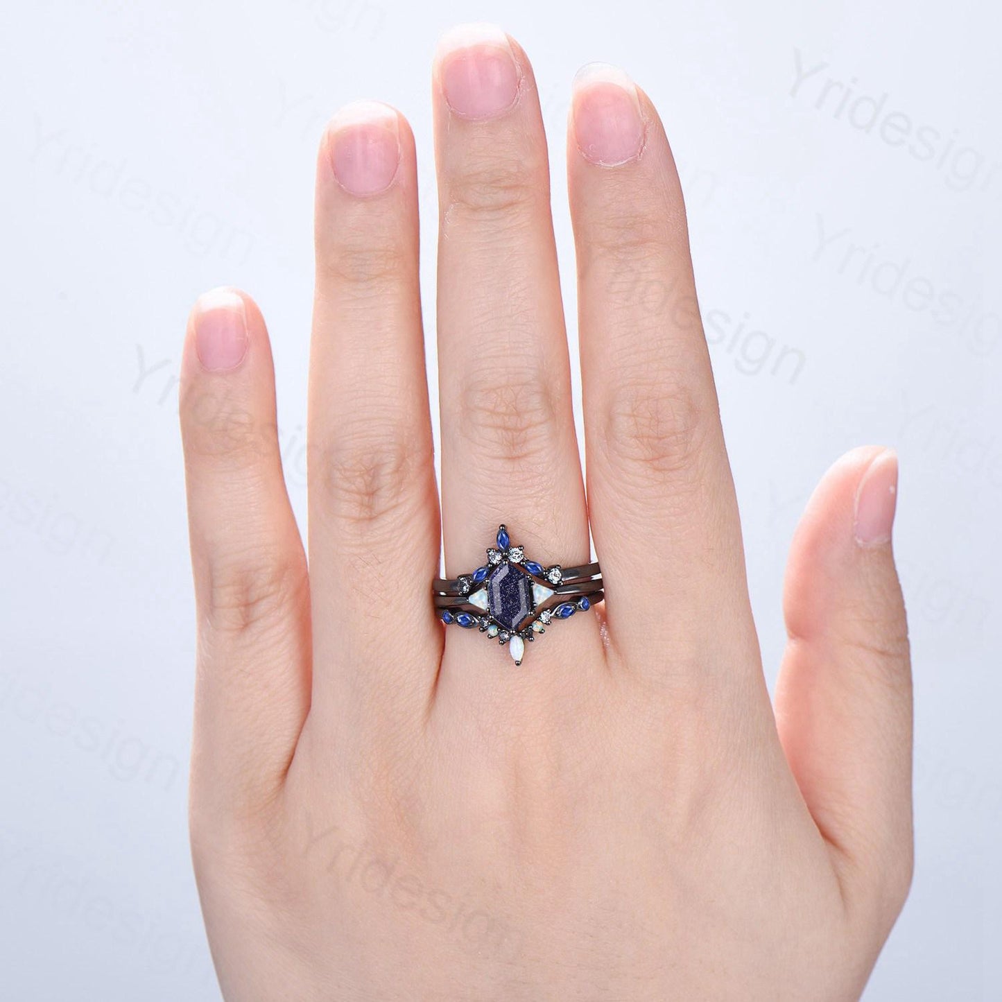Black Gold Blue Sandstone Engagement Ring Set Unique Long Hexagon Galaxy Goldstone Three Stone Trillion Opal Gothic Sapphire Opal Bridal Set - PENFINE