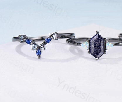 Black Gold Blue Sandstone Engagement Ring Set Unique Long Hexagon Galaxy Goldstone Three Stone Trillion Opal Gothic Sapphire Opal Bridal Set - PENFINE