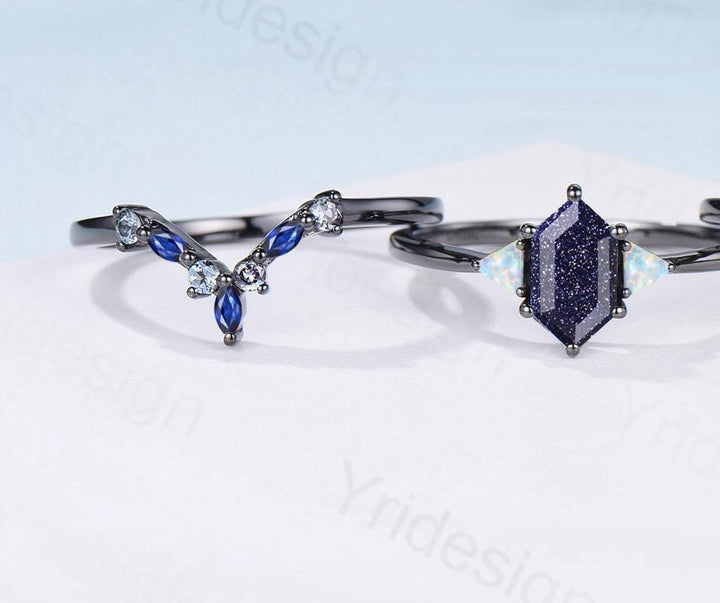 Black Gold Blue Sandstone Engagement Ring Set Unique Long Hexagon Galaxy Goldstone Three Stone Trillion Opal Gothic Sapphire Opal Bridal Set - PENFINE