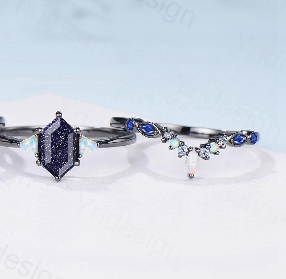 Black Gold Blue Sandstone Engagement Ring Set Unique Long Hexagon Galaxy Goldstone Three Stone Trillion Opal Gothic Sapphire Opal Bridal Set - PENFINE