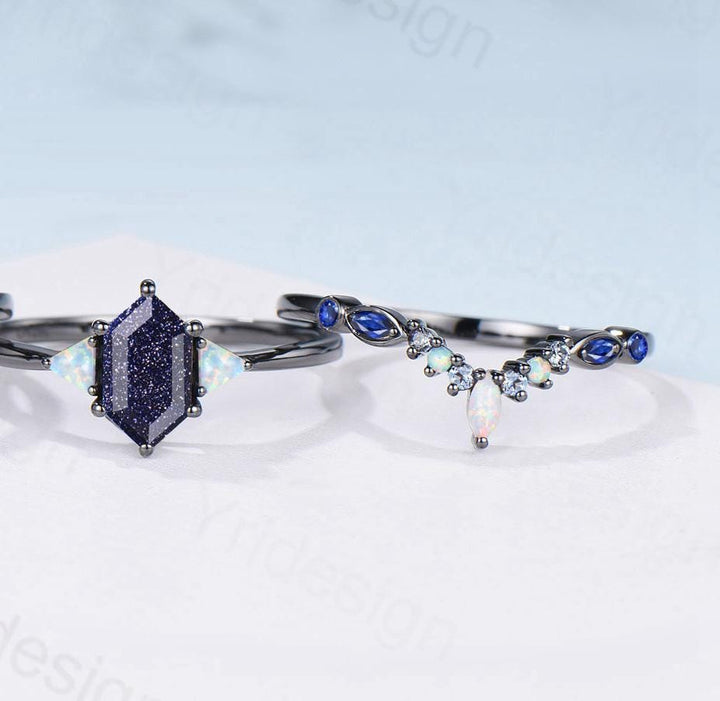 Black Gold Blue Sandstone Engagement Ring Set Unique Long Hexagon Galaxy Goldstone Three Stone Trillion Opal Gothic Sapphire Opal Bridal Set - PENFINE