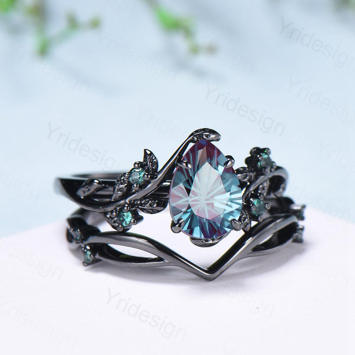 Twig Vine Fireworks Cut Alexandrite Ring Set Unique Black Gold Nature Inspired Engagement Ring Cluster Emerald Five Stone Wedding Bridal Set - PENFINE