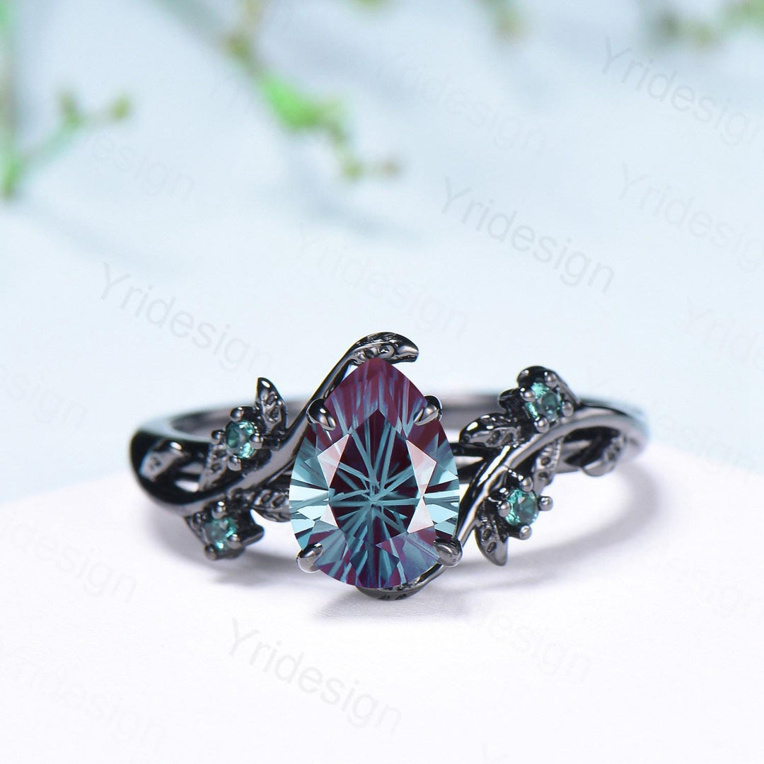 Twig Vine Fireworks Cut Alexandrite Ring Set Unique Black Gold Nature Inspired Engagement Ring Cluster Emerald Five Stone Wedding Bridal Set - PENFINE