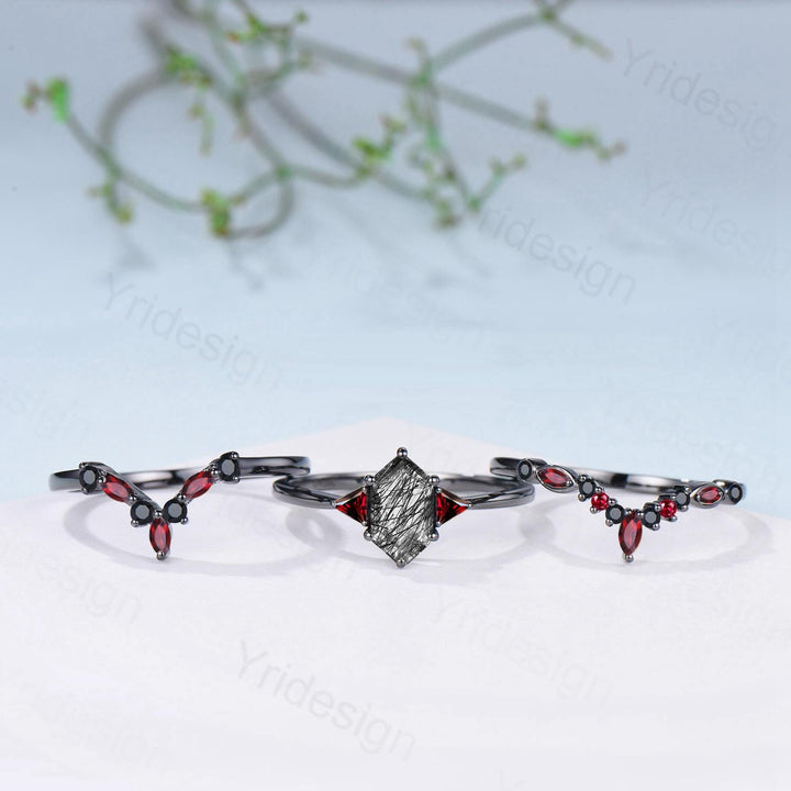 Three Stone Black Gold Rutilated Quartz Wedding Ring Set Unique Long Hexagon Black Tourmaline Trillion Garnet Spinel Gothic Engagement Ring - PENFINE