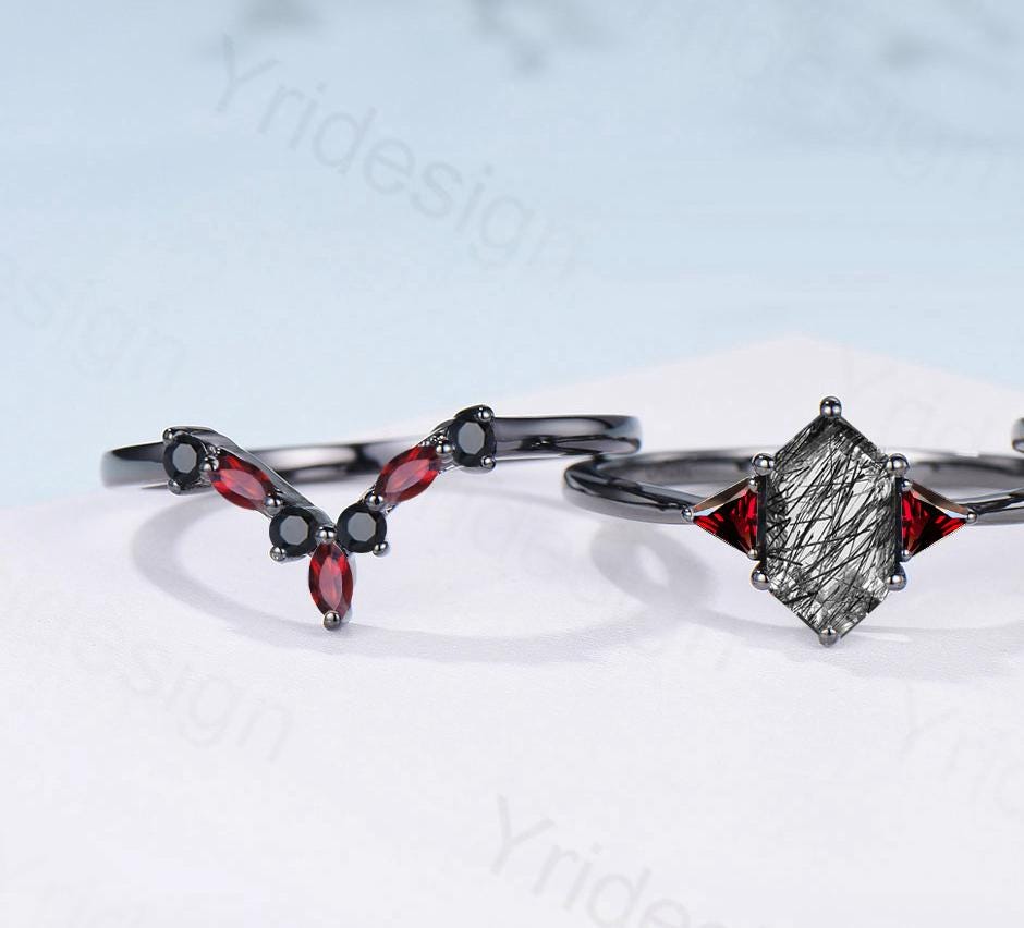 Three Stone Black Gold Rutilated Quartz Wedding Ring Set Unique Long Hexagon Black Tourmaline Trillion Garnet Spinel Gothic Engagement Ring - PENFINE