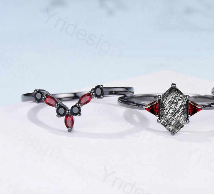 Three Stone Black Gold Rutilated Quartz Wedding Ring Set Unique Long Hexagon Black Tourmaline Trillion Garnet Spinel Gothic Engagement Ring - PENFINE