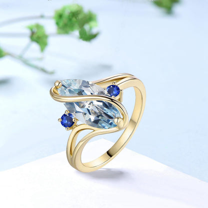 Marquise Aquamarine Engagement Ring, Split Shank, Sapphire Accents - PENFINE