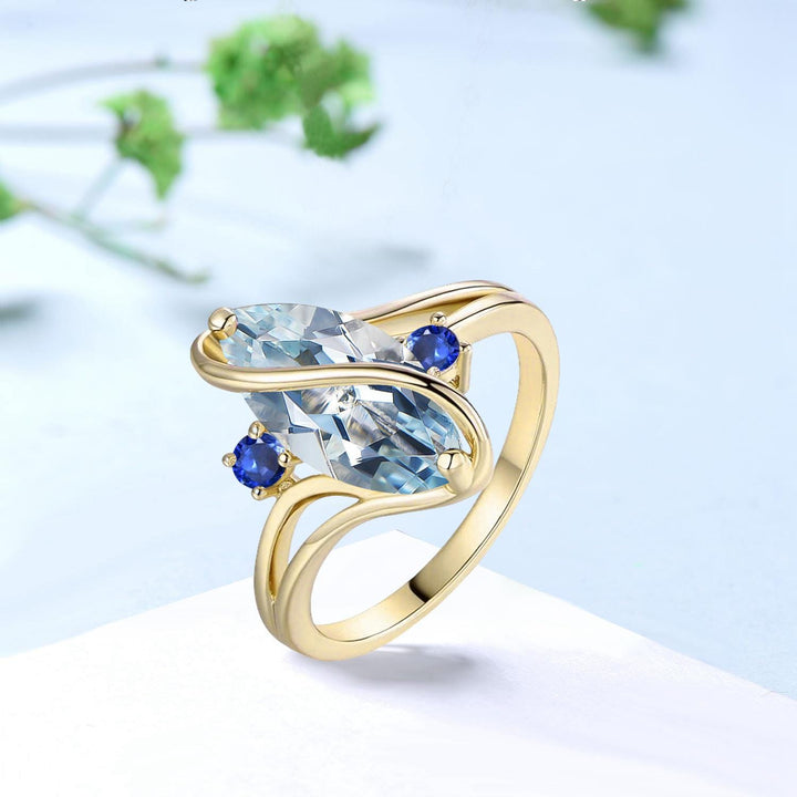 Marquise Aquamarine Engagement Ring, Split Shank, Sapphire Accents - PENFINE