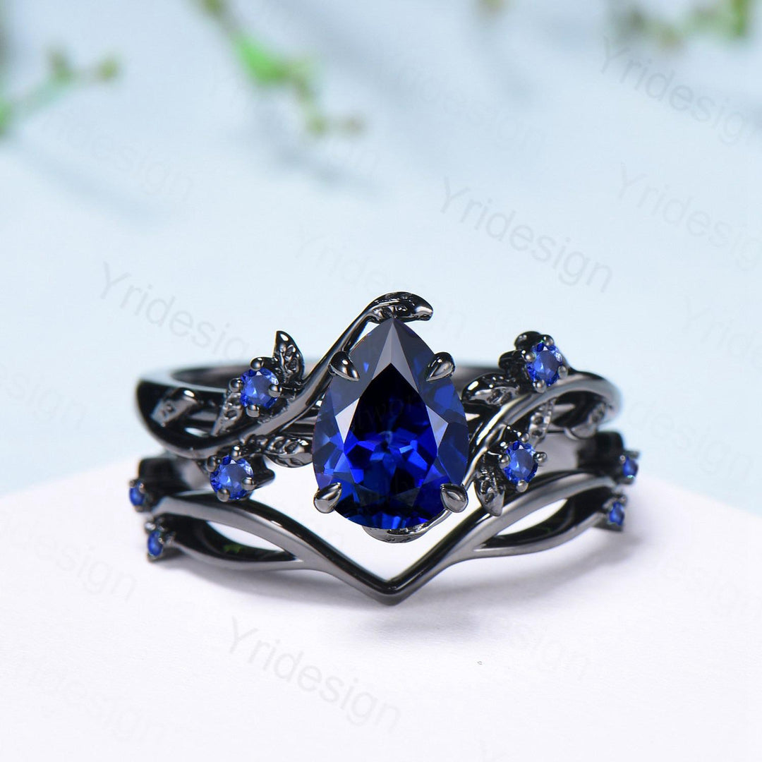 Nature Inspired Leaf sapphire ring set black gold branch twig sapphire engagement ring women unique Sep birthstone wedding set for women - PENFINE