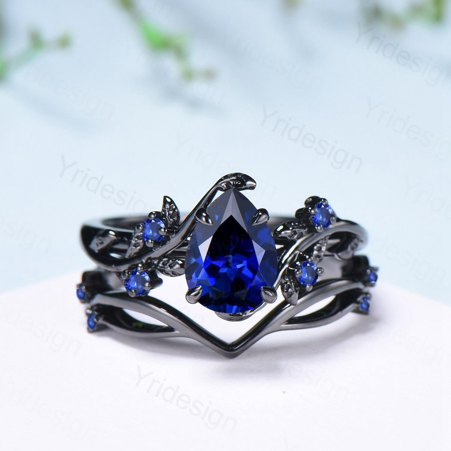 Nature Inspired Leaf sapphire ring set black gold branch twig sapphire engagement ring women unique Sep birthstone wedding set for women - PENFINE