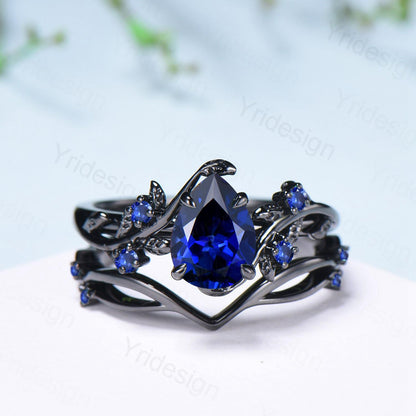 Nature Inspired Leaf sapphire ring set black gold branch twig sapphire engagement ring women unique Sep birthstone wedding set for women - PENFINE