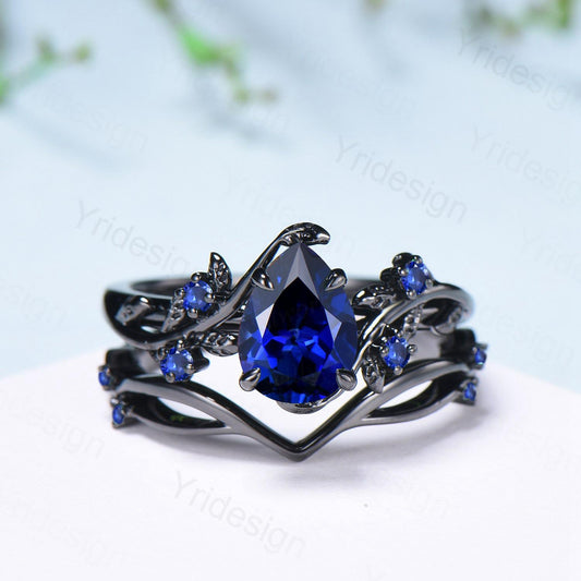 Nature Inspired Leaf sapphire ring set black gold branch twig sapphire engagement ring women unique Sep birthstone wedding set for women - PENFINE