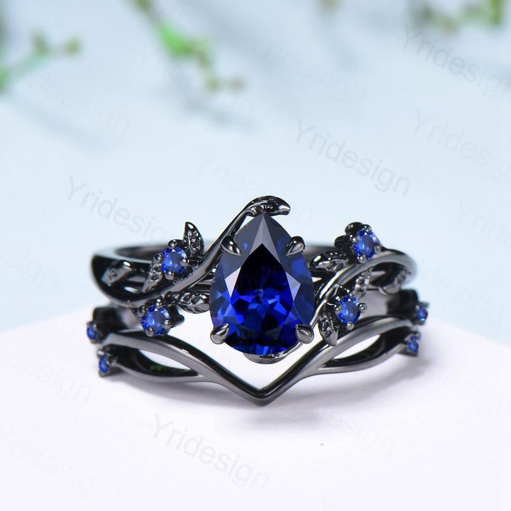 Nature Inspired Leaf sapphire ring set black gold branch twig sapphire engagement ring women unique Sep birthstone wedding set for women - PENFINE