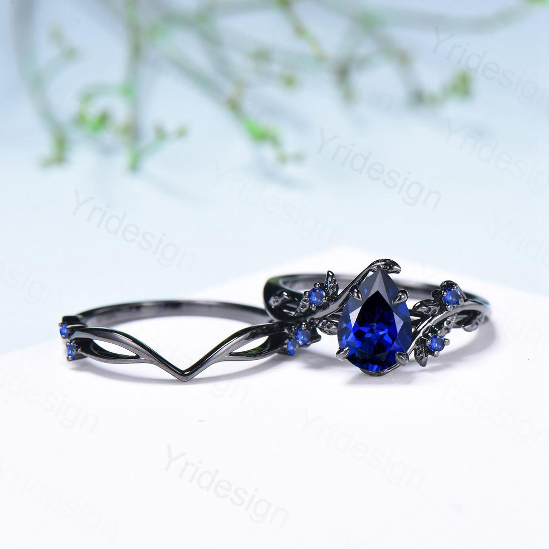 Nature Inspired Leaf sapphire ring set black gold branch twig sapphire engagement ring women unique Sep birthstone wedding set for women - PENFINE