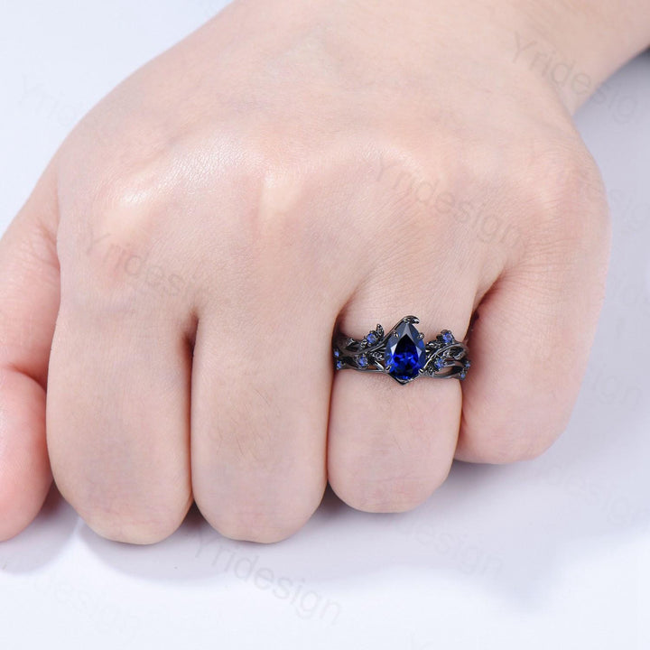 Nature Inspired Leaf sapphire ring set black gold branch twig sapphire engagement ring women unique Sep birthstone wedding set for women - PENFINE