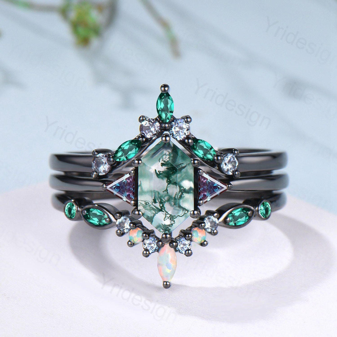 Three Stone Black Gold Moss Agate Wedding Set Unique Long Hexagon Green Agate Trillion Alexandrite Gothic Engagement Ring Emerald Opal Band - PENFINE