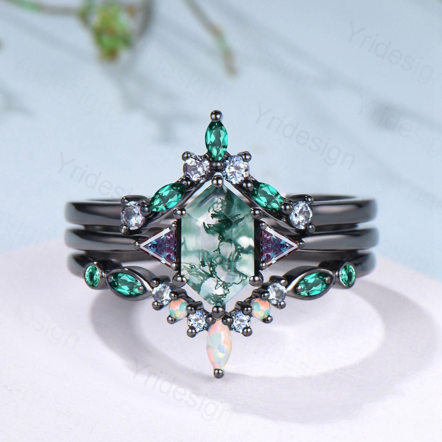 Three Stone Black Gold Moss Agate Wedding Set Unique Long Hexagon Green Agate Trillion Alexandrite Gothic Engagement Ring Emerald Opal Band - PENFINE
