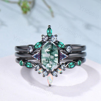 Three Stone Black Gold Moss Agate Wedding Set Unique Long Hexagon Green Agate Trillion Alexandrite Gothic Engagement Ring Emerald Opal Band - PENFINE