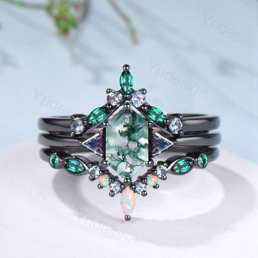 Three Stone Black Gold Moss Agate Wedding Set Unique Long Hexagon Green Agate Trillion Alexandrite Gothic Engagement Ring Emerald Opal Band - PENFINE